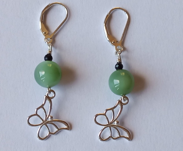silver earrings-leverbacks with jadeite and tourmaline beads and butterfly-the colours are green and black